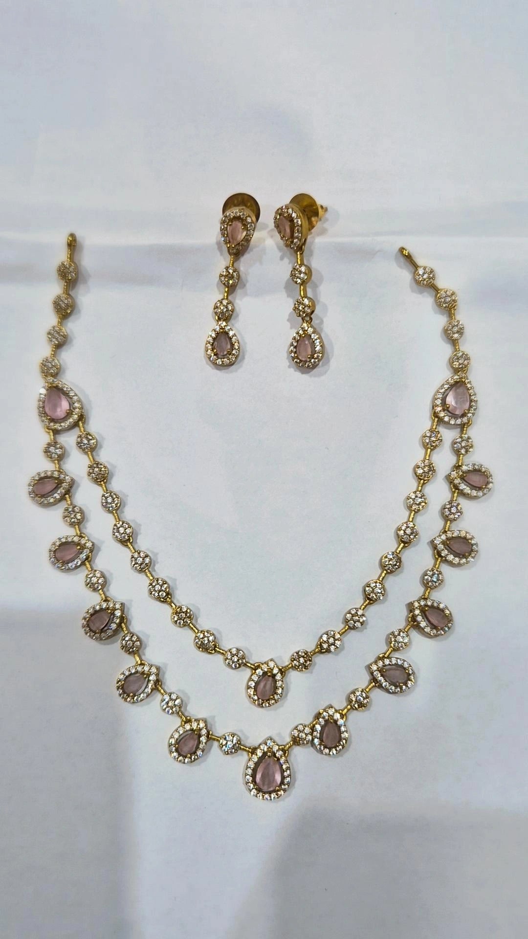 Champagne blush CZ double strand teardrop necklace set with matching drop earrings