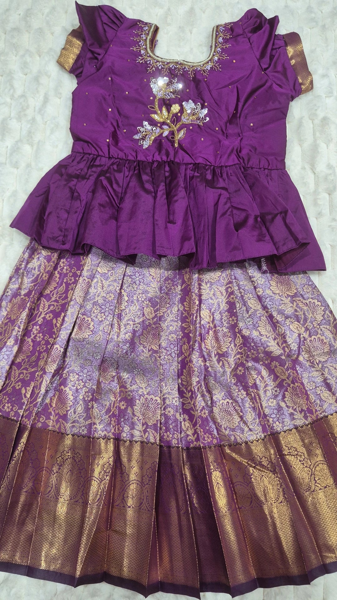 Kids Purple Pattu Lehenga with Handwork Embroidered Blouse