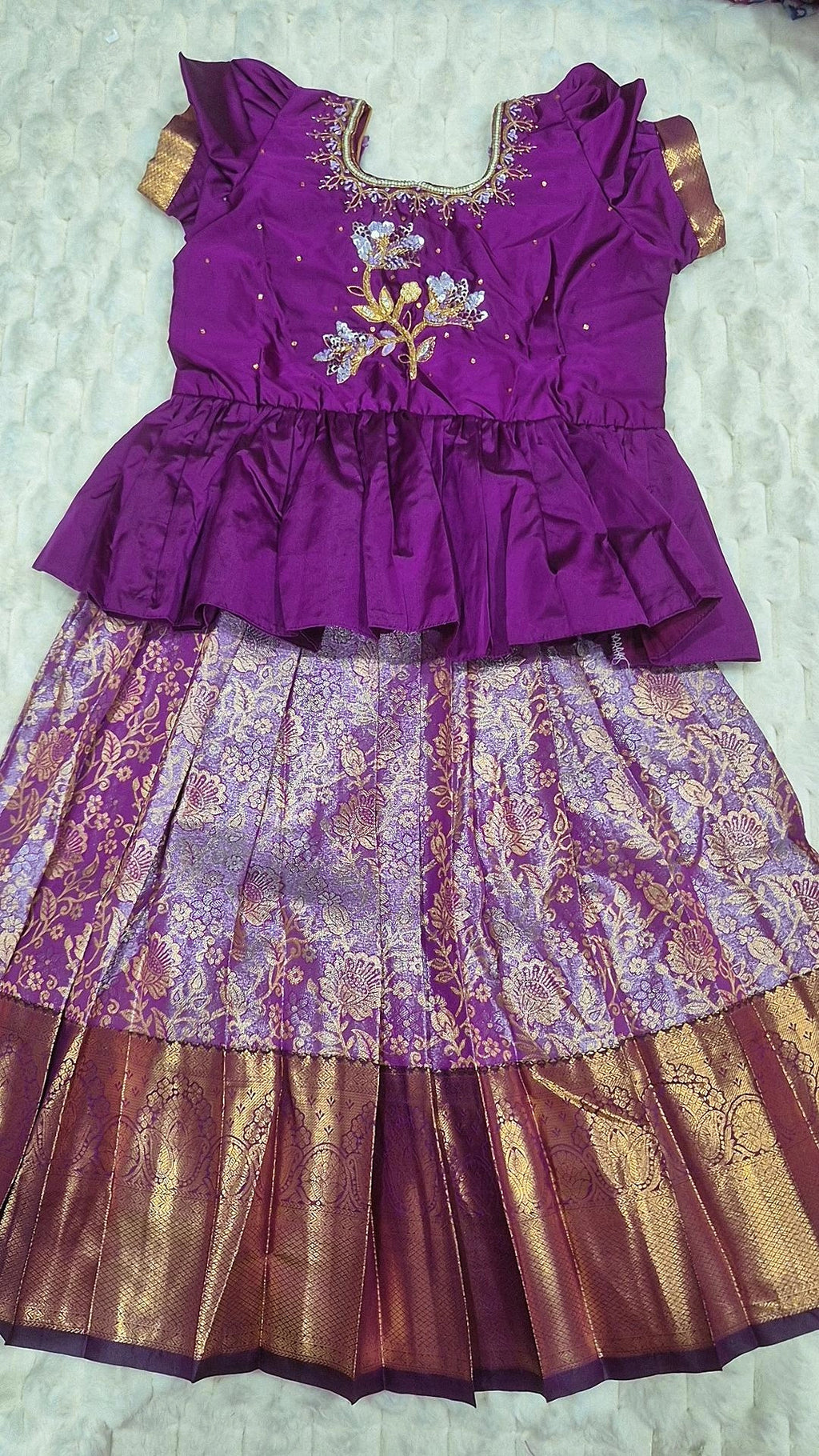 Kids Purple Pattu Lehenga Full Set View