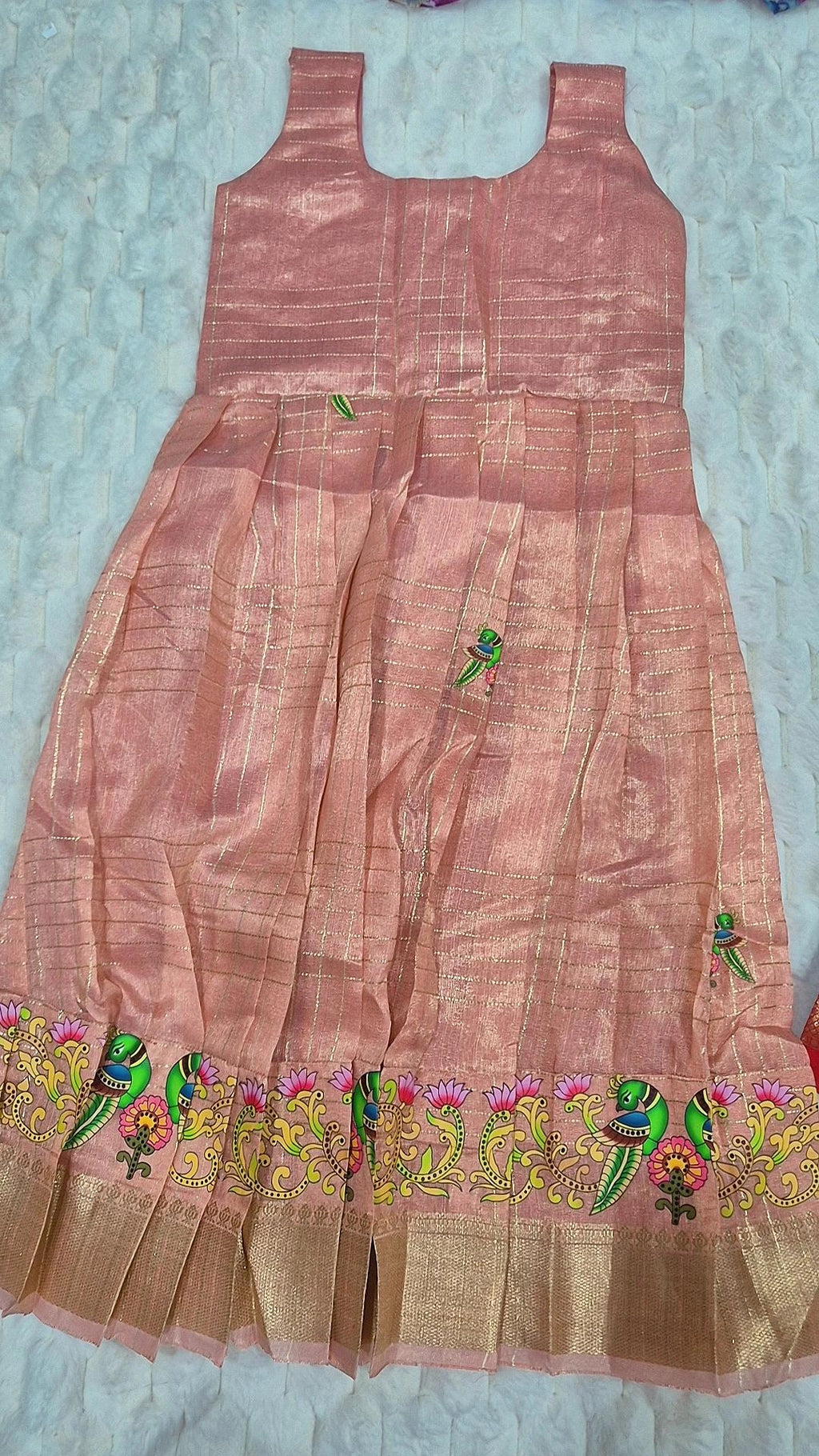 Kids Mangalagiri Pattu Lehenga Peach Kalamkari – full dress front view