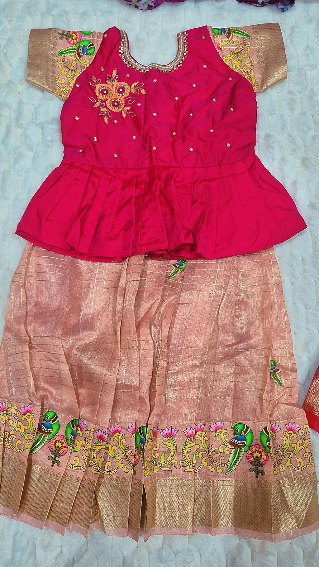 Kids Mangalagiri Pattu Lehenga Peach Kalamkari – with hot pink peplum blouse