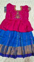 Kids Mangalagiri Pattu Lehenga Royal Blue – with hot pink peplum embroidered blouse