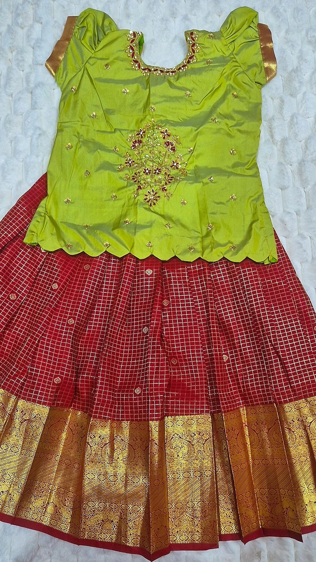 Kids Pattu Lehenga Red – with green embroidered blouse