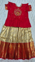Kids Pattu Lehenga Gold Cream – with red embroidered blouse