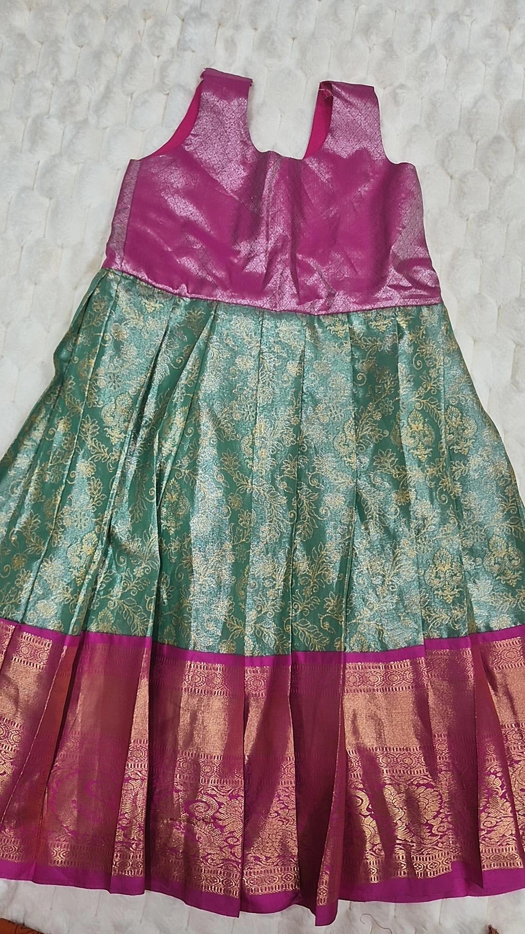 Kids Pattu Lehenga Pink Green – skirt front view