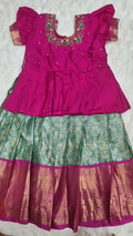Kids Pattu Lehenga Pink Green – with pink embroidered blouse