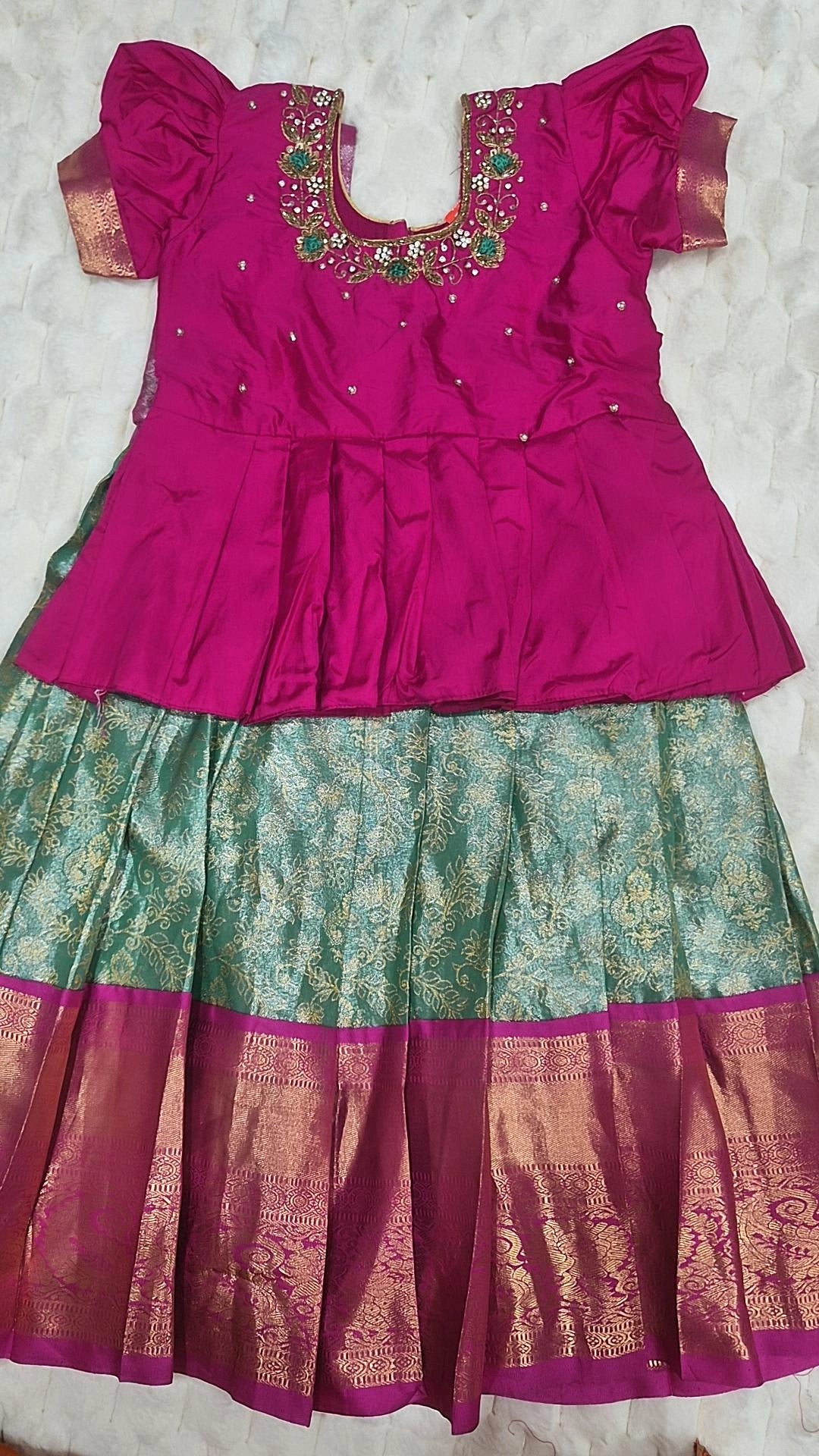 Kids Pattu Lehenga Pink Green – with pink embroidered blouse