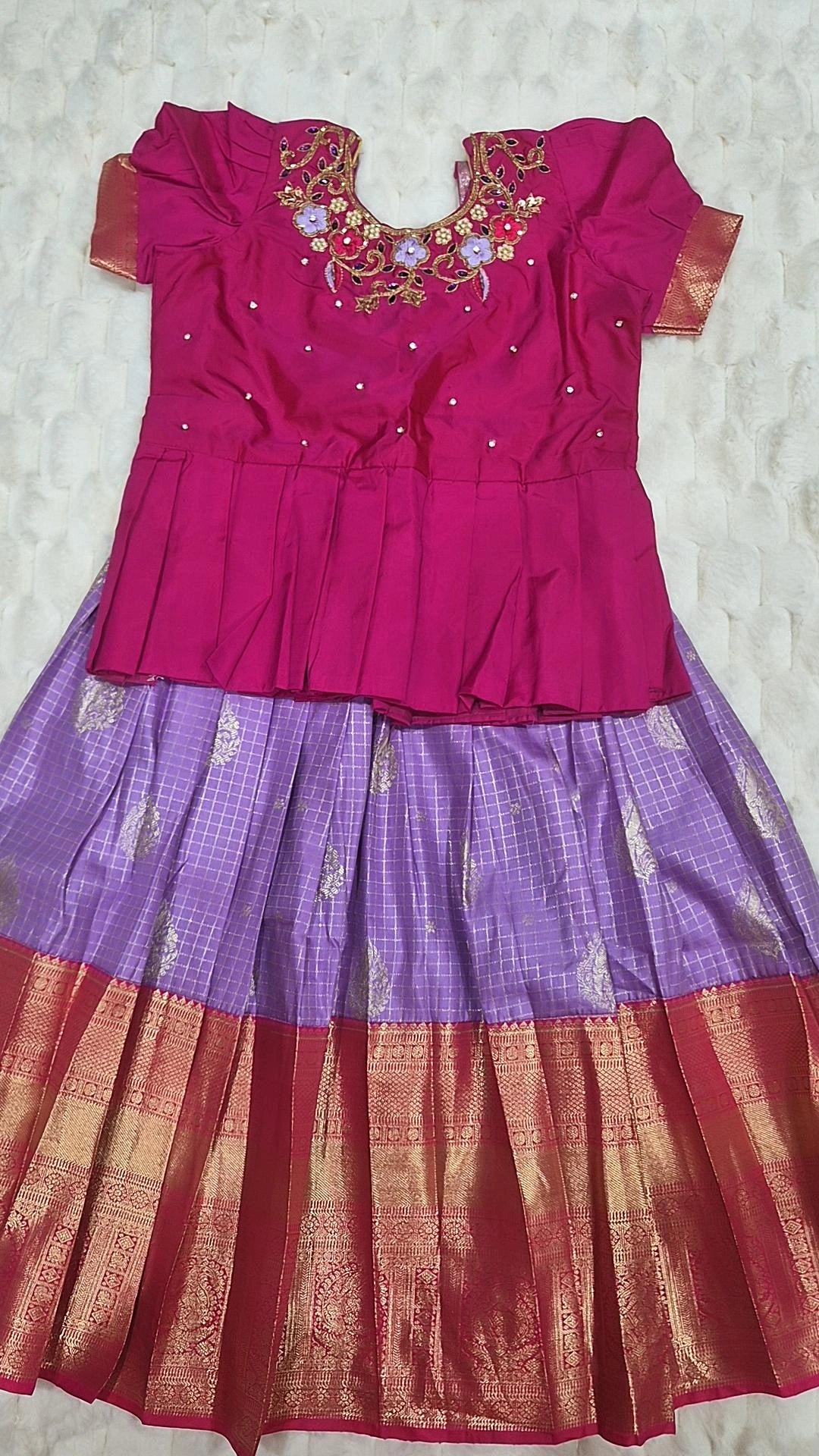 Kids Pattu Lehenga Lavender Pink – with pink embroidered blouse