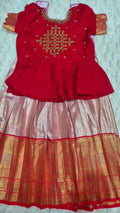 Kids Pattu Lehenga Rose Gold – with red embroidered blouse