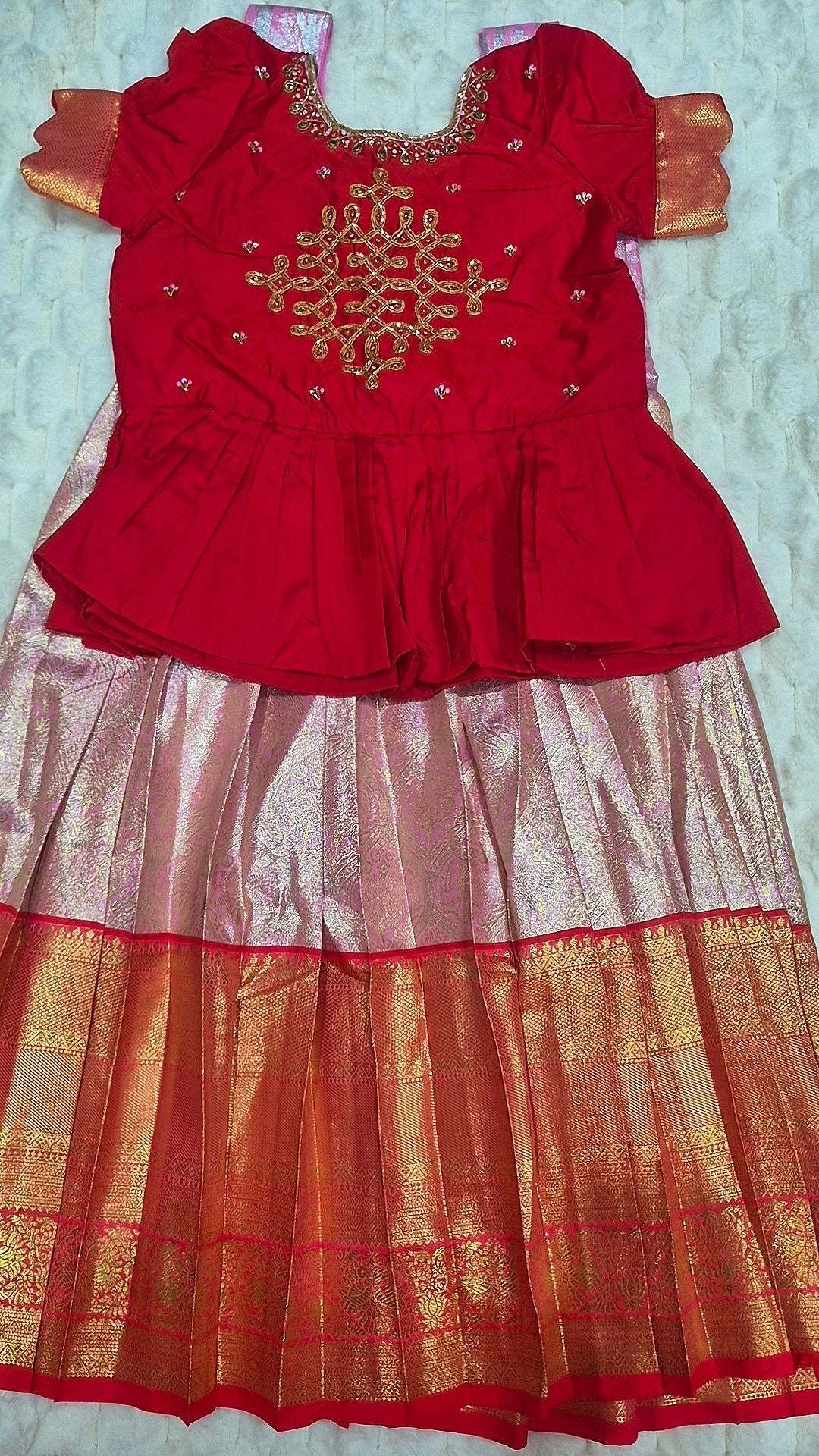 Kids Pattu Lehenga Rose Gold – with red embroidered blouse