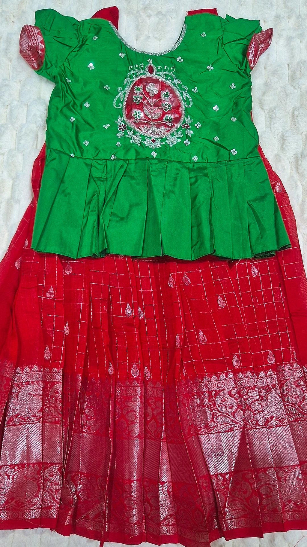 Kids Mangalagiri Pattu Lehenga Red – with green peplum blouse