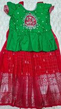 Kids Mangalagiri Pattu Lehenga Red – with green peplum blouse