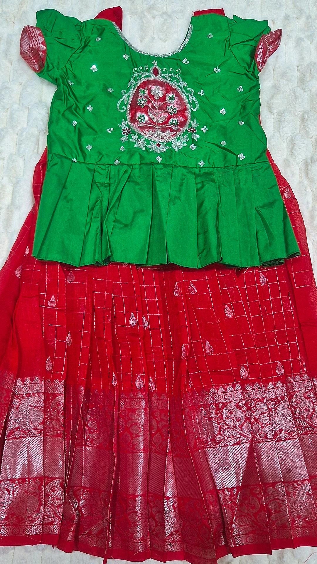 Kids Mangalagiri Pattu Lehenga Red – with green peplum blouse