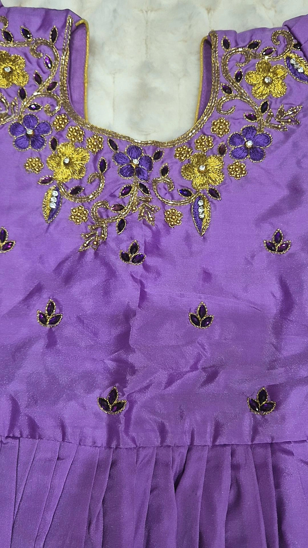 Kids Pattu Lehenga Purple – blouse embroidery detail