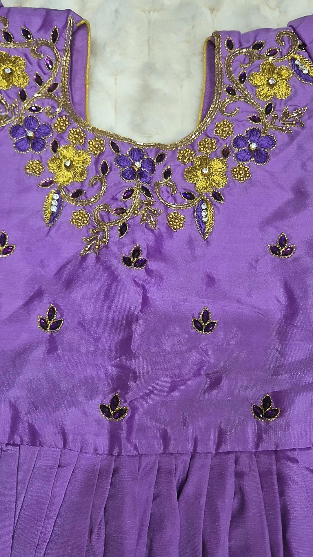 Kids Pattu Lehenga Purple – blouse embroidery detail
