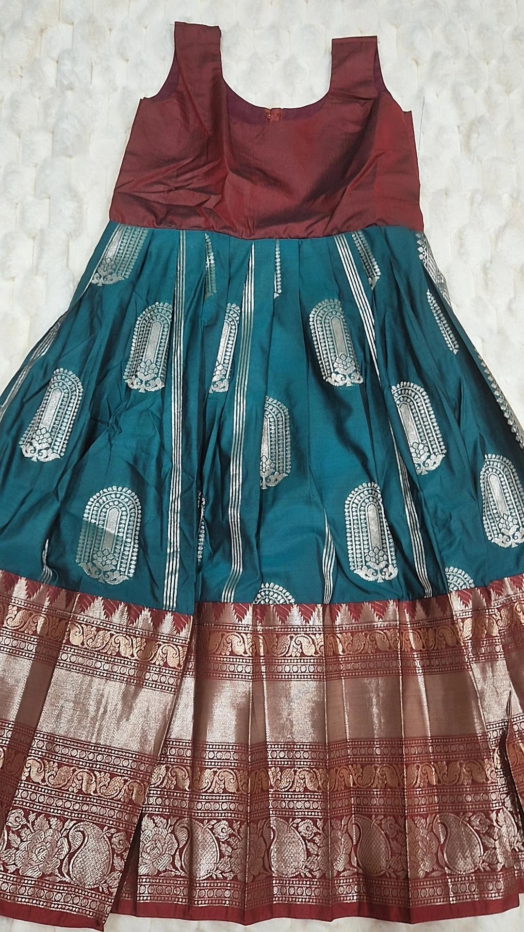 Kids Pattu Lehenga Teal Maroon – skirt front view