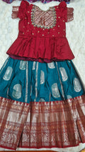 Kids Pattu Lehenga Teal Maroon – with maroon embroidered blouse
