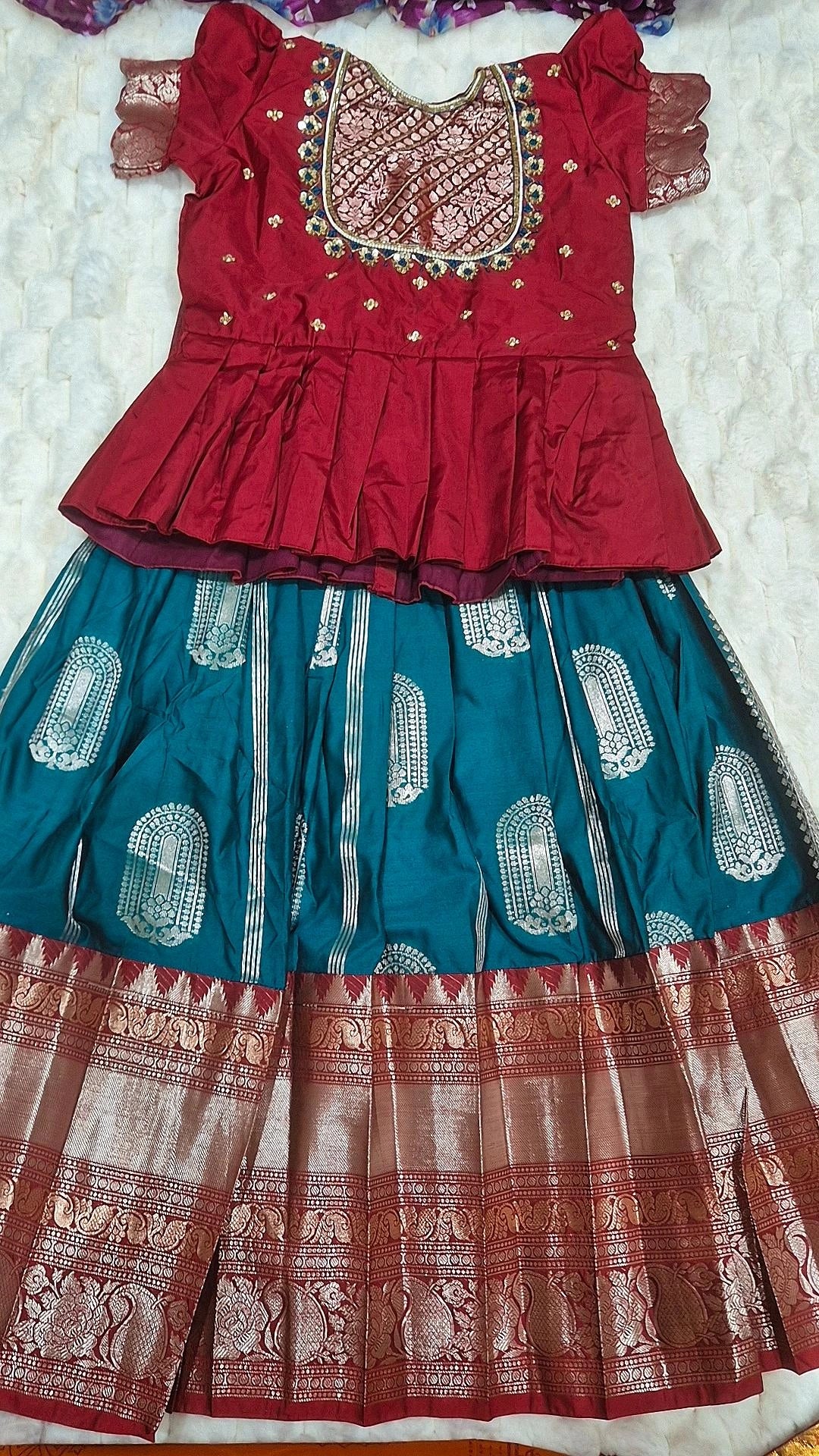 Kids Pattu Lehenga Teal Maroon – with maroon embroidered blouse