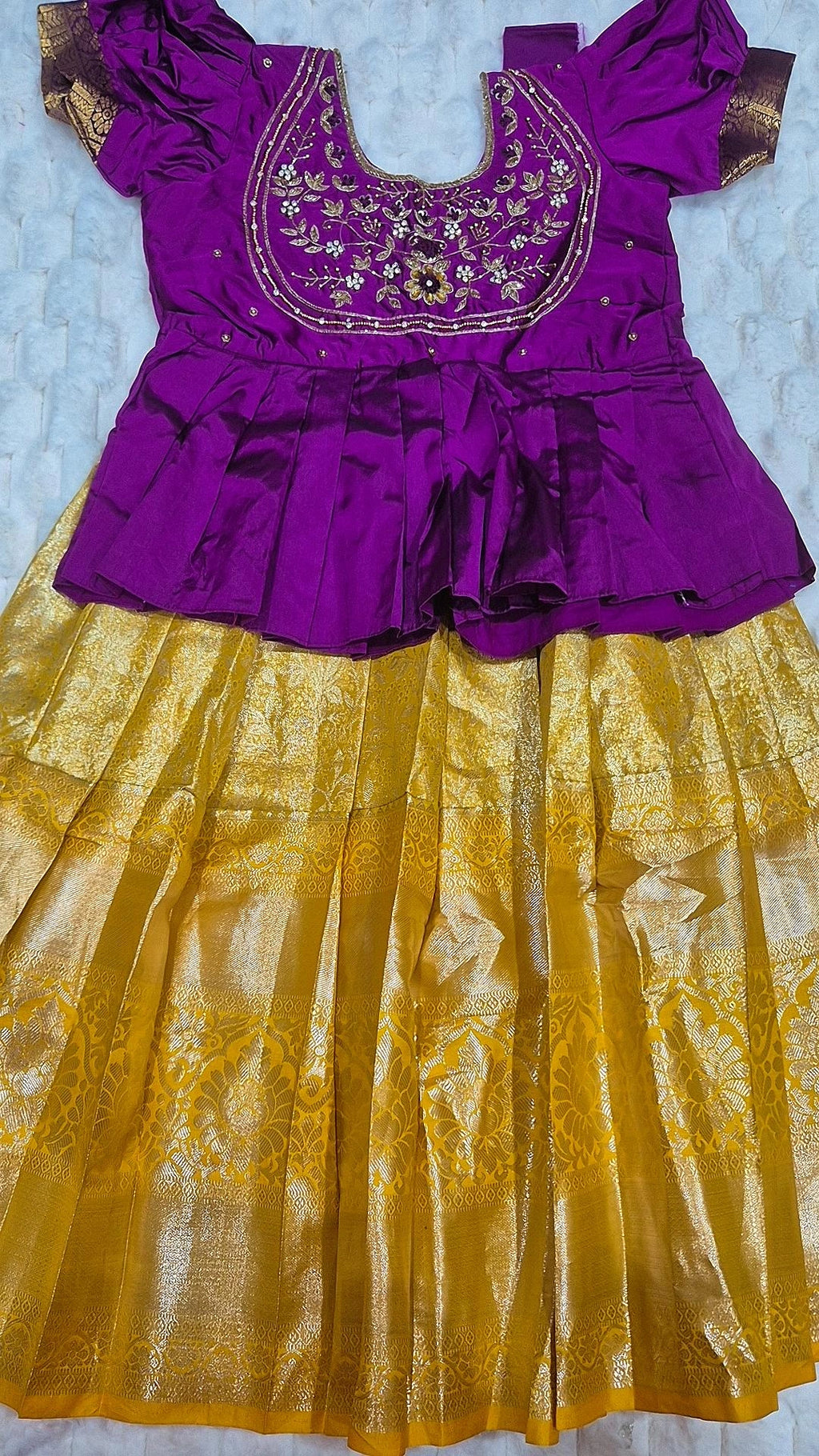 Kids Pattu Lehenga Purple Gold – with purple embroidered blouse