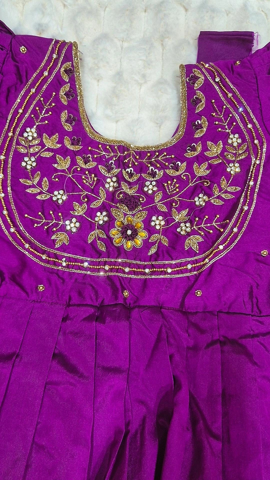 Kids Pattu Lehenga Purple Gold – blouse embroidery detail