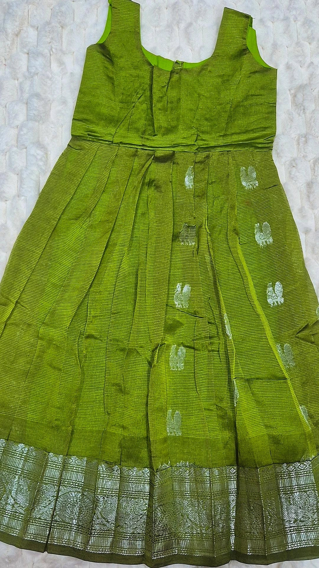 Kids Mangalagiri Pattu Lehenga Olive Green – full dress front view