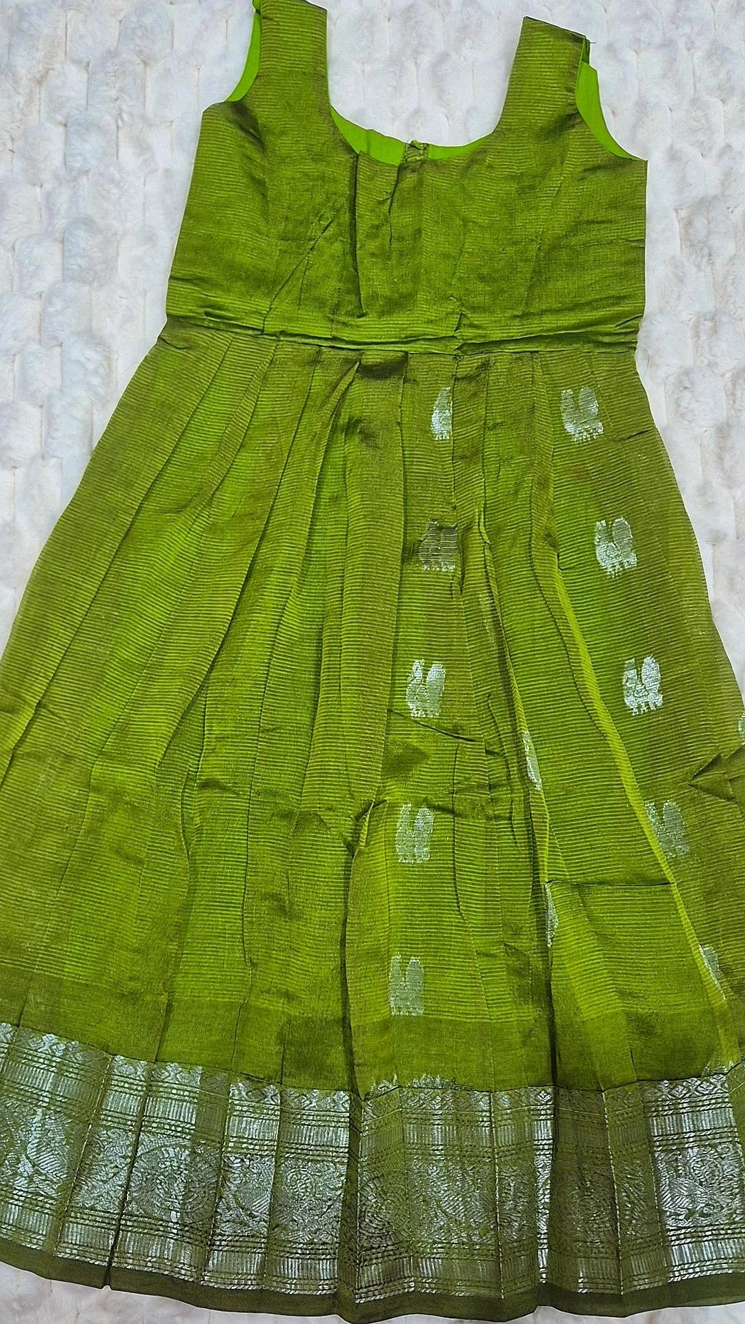 Kids Mangalagiri Pattu Lehenga Olive Green – full dress front view