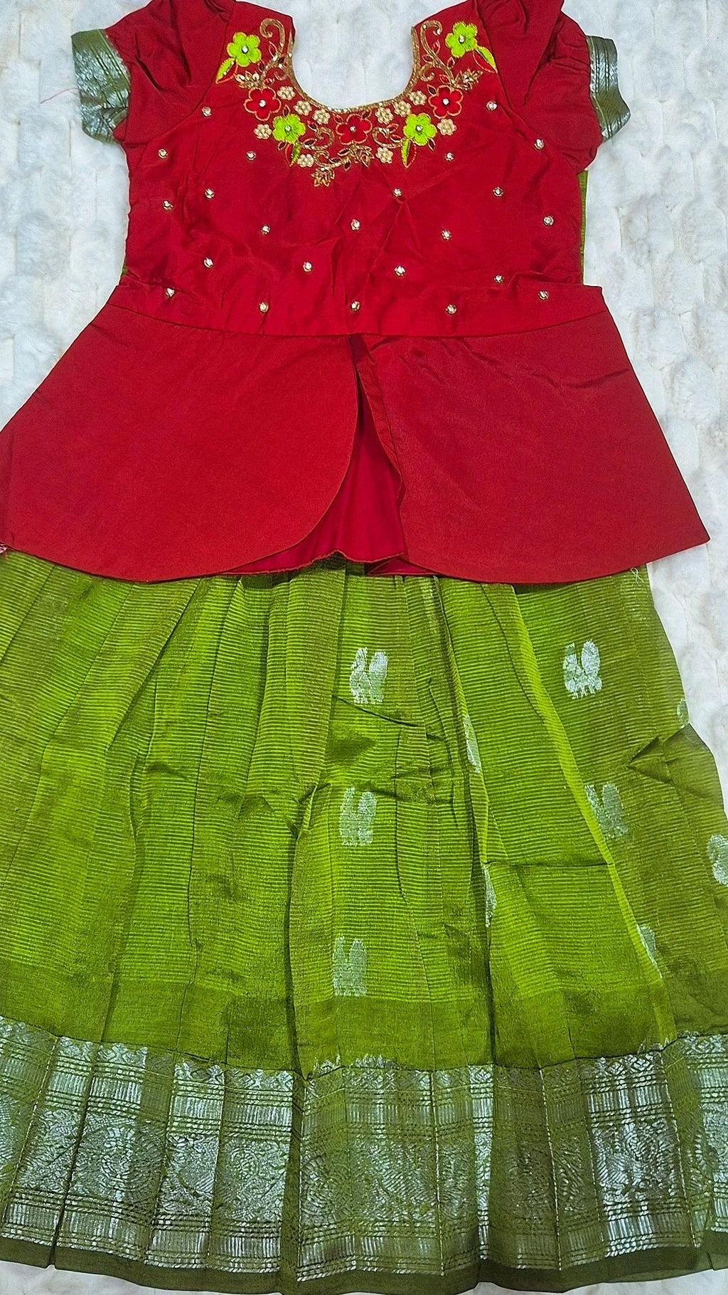 Kids Mangalagiri Pattu Lehenga Olive Green – with red peplum blouse