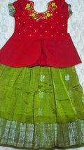 Kids Mangalagiri Pattu Lehenga Olive Green – with red peplum blouse