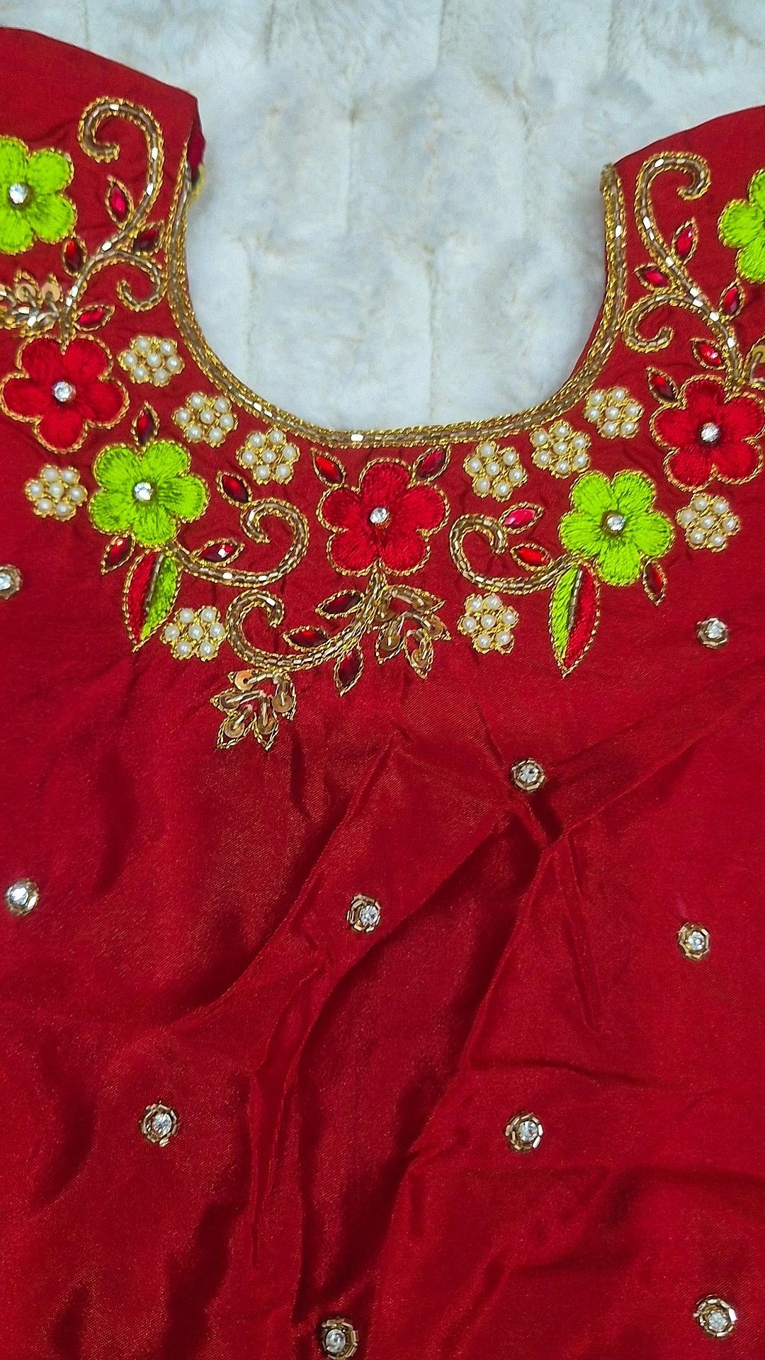 Kids Mangalagiri Pattu Lehenga Olive Green – red blouse neckline embroidery close-up