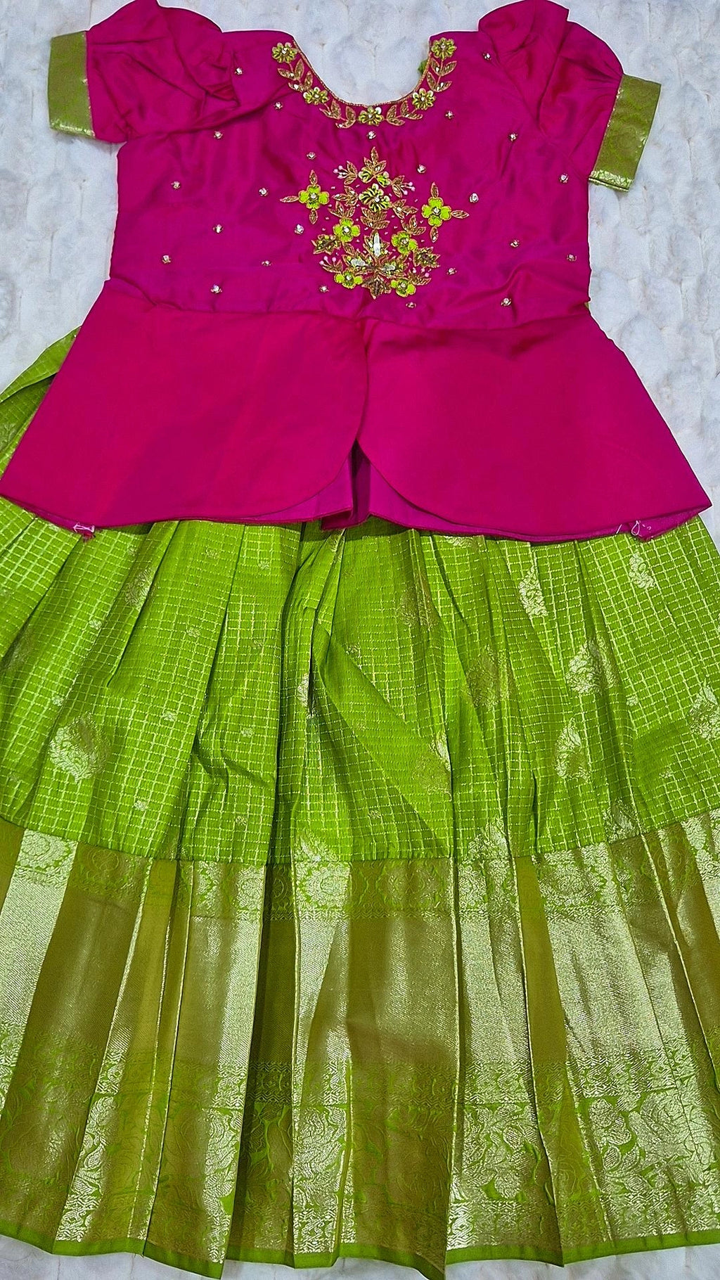 Kids Pattu Lehenga Parrot Green – with pink embroidered blouse