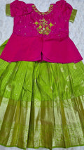Kids Pattu Lehenga Parrot Green – with pink embroidered blouse
