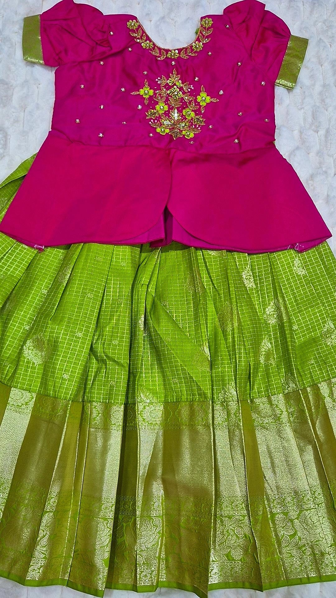 Kids Pattu Lehenga Parrot Green – with pink embroidered blouse