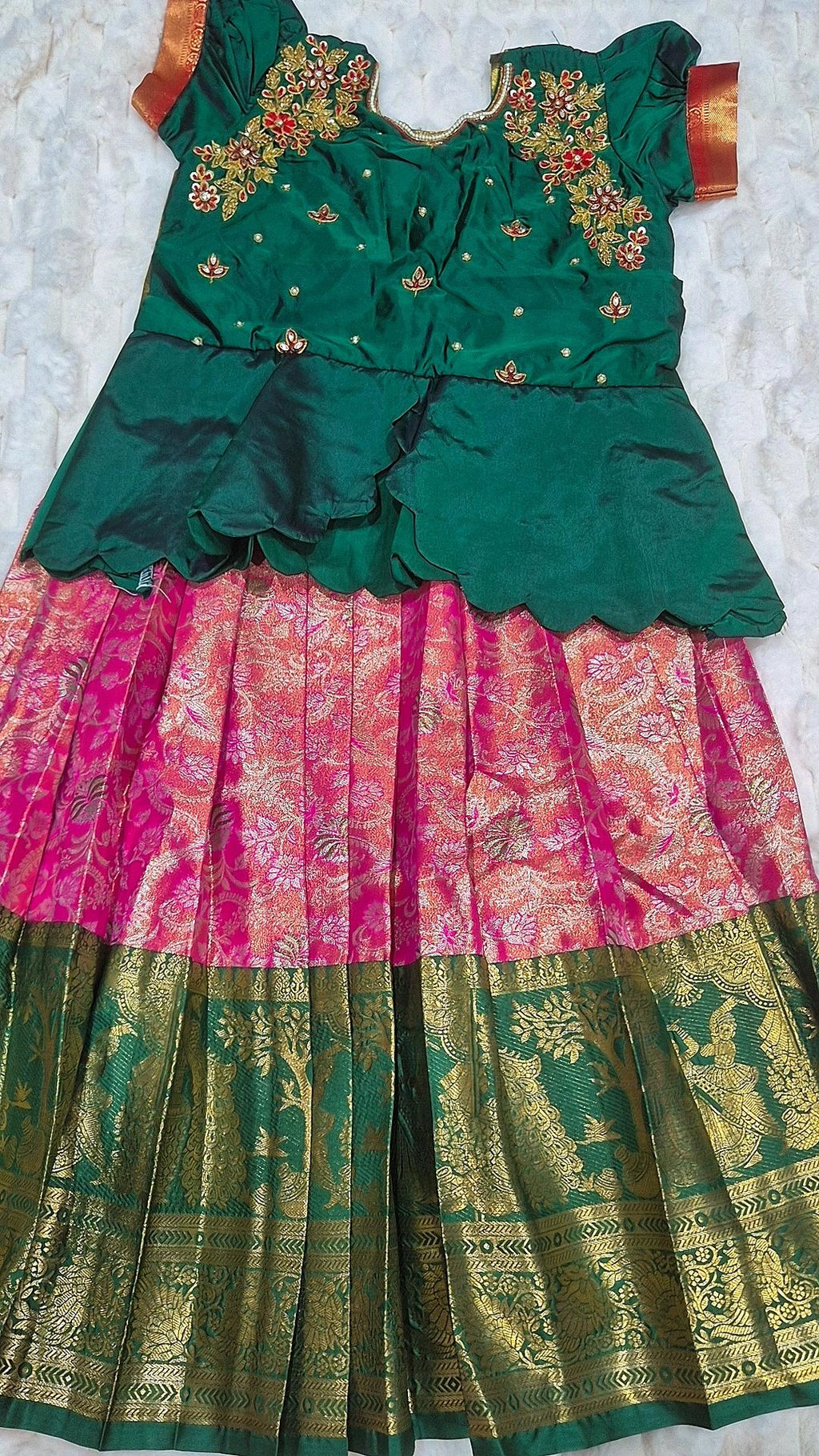 Kids Pattu Lehenga Pink Dark Green – with dark green peplum blouse
