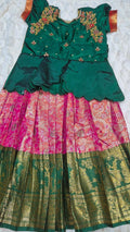 Kids Pattu Lehenga Pink Dark Green – with dark green peplum blouse