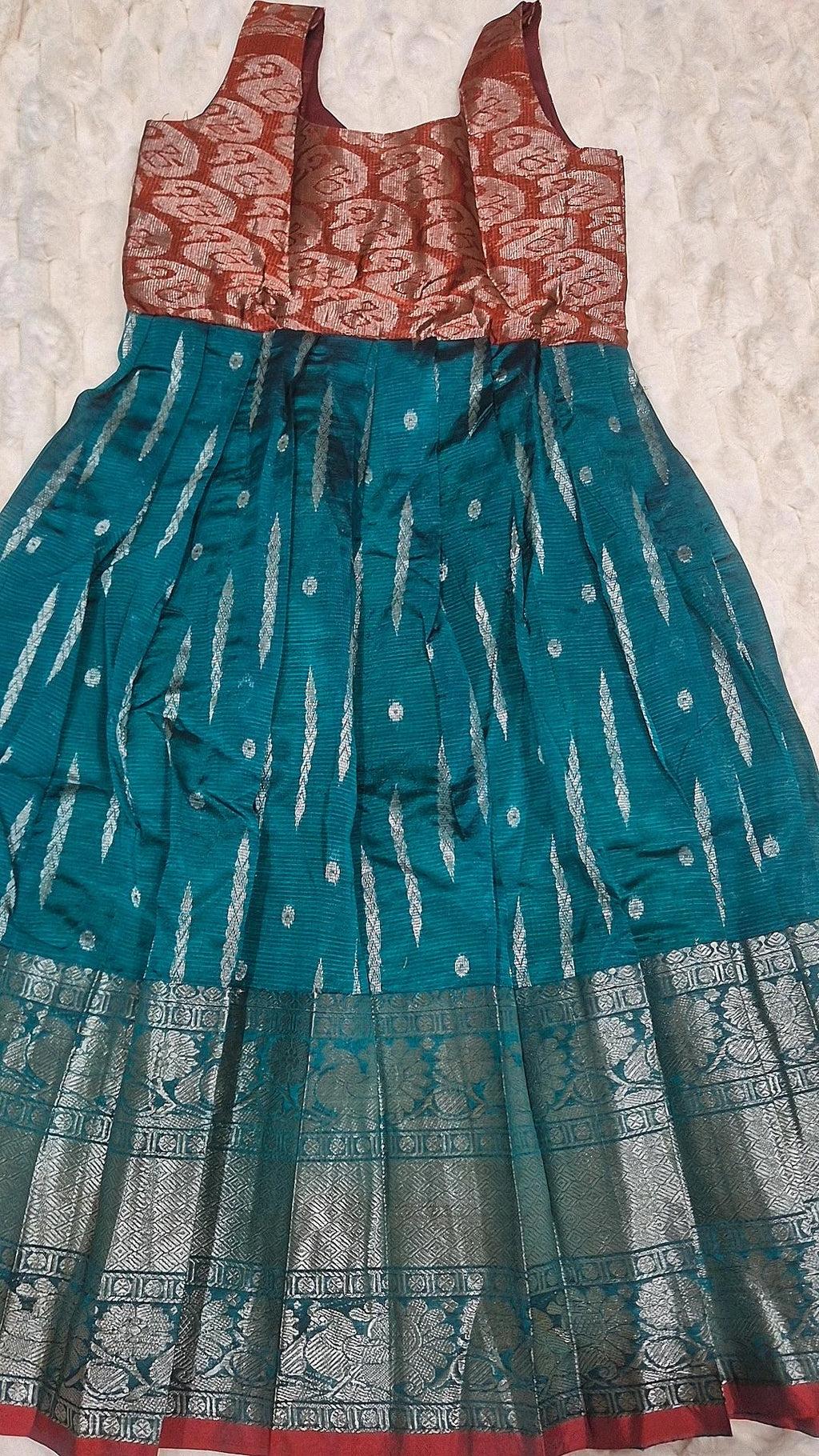 Kids Pattu Lehenga Teal Red – skirt with maroon brocade blouse