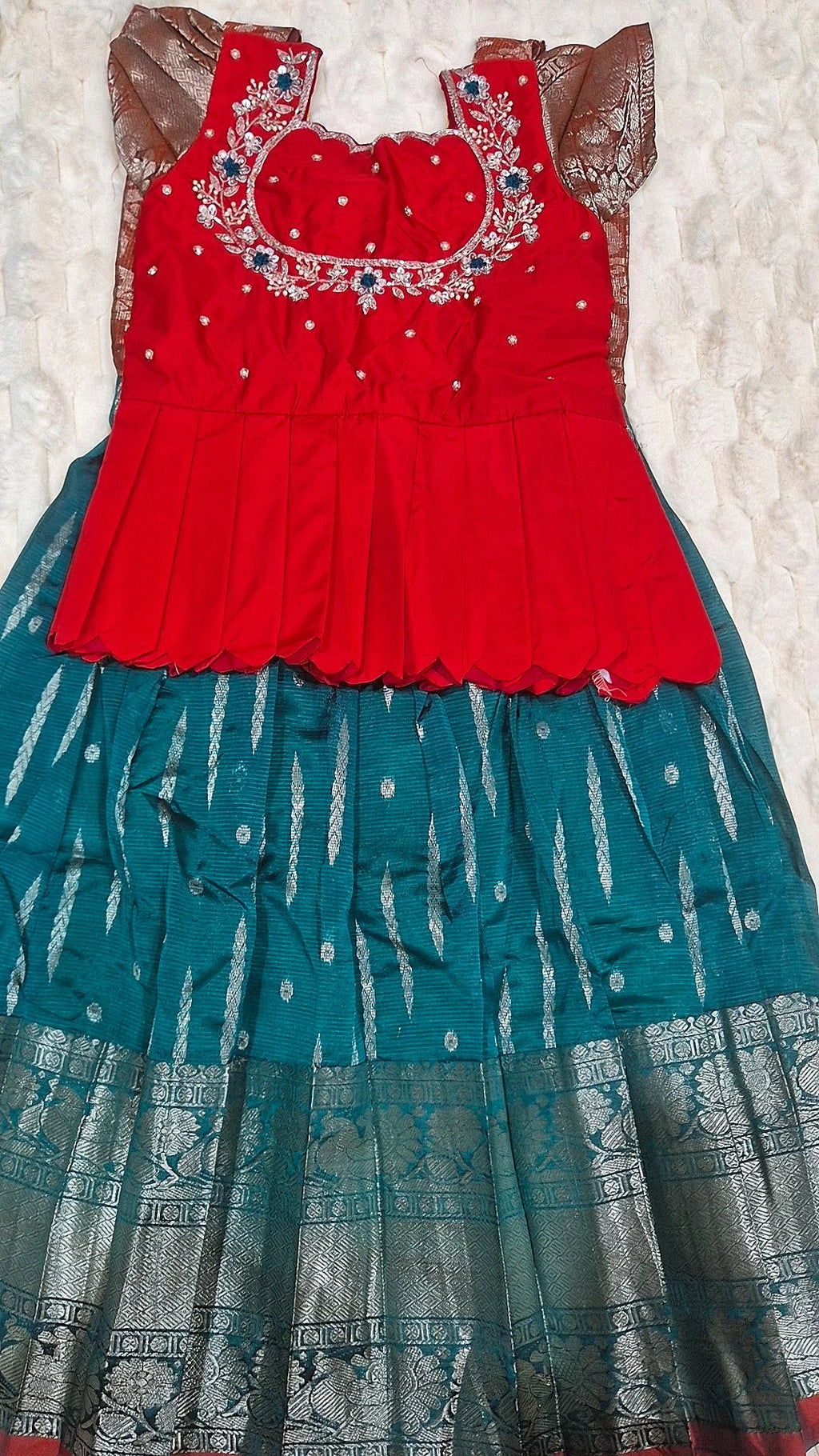 Kids Pattu Lehenga Teal Red – with red peplum embroidered blouse