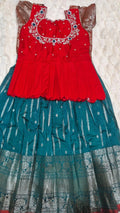 Kids Pattu Lehenga Teal Red – with red peplum embroidered blouse