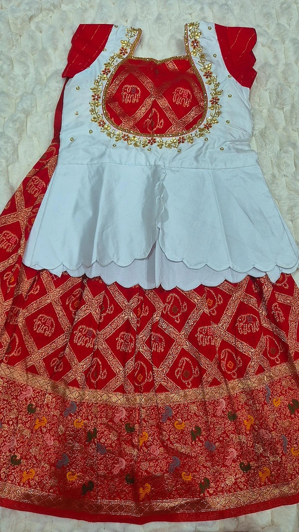 Kids Pattu Lehenga Red Elephant Brocade – with white peplum blouse