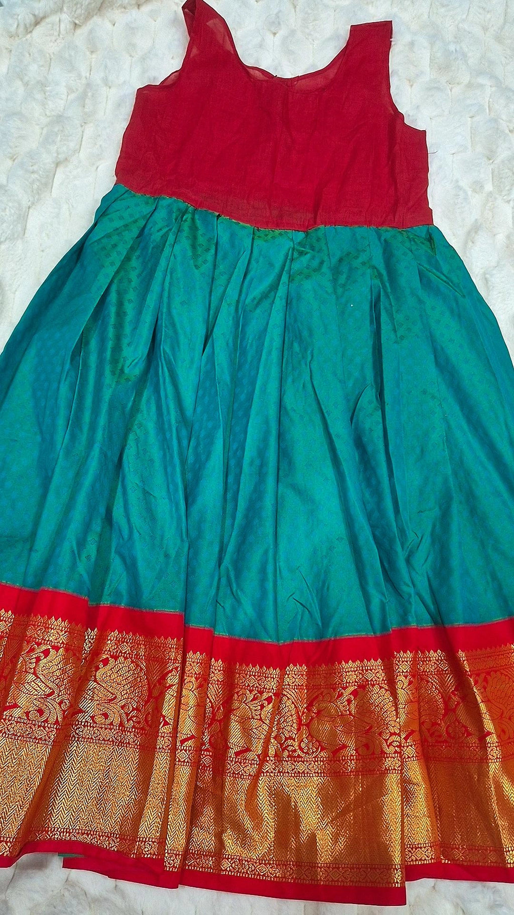 Kids Pattu Pavada Teal Red – skirt front view