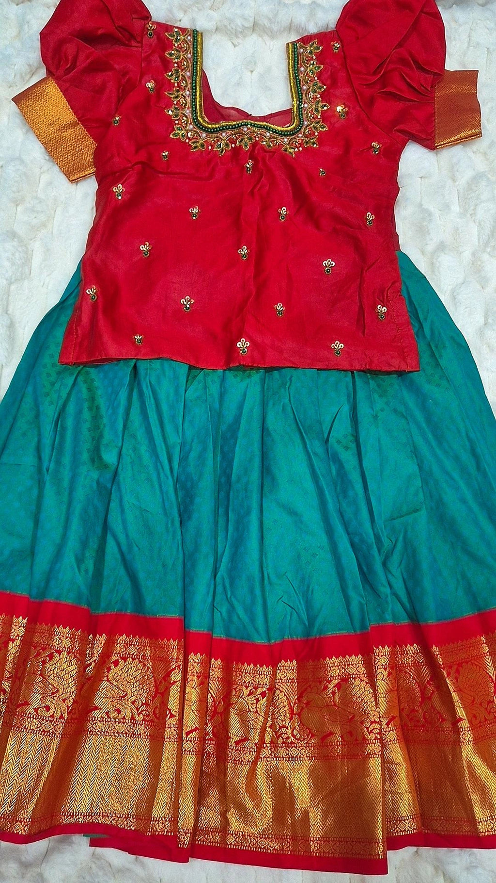 Kids Pattu Pavada Teal Red – with red embroidered blouse