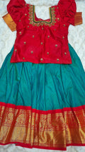 Kids Pattu Pavada Teal Red – with red embroidered blouse