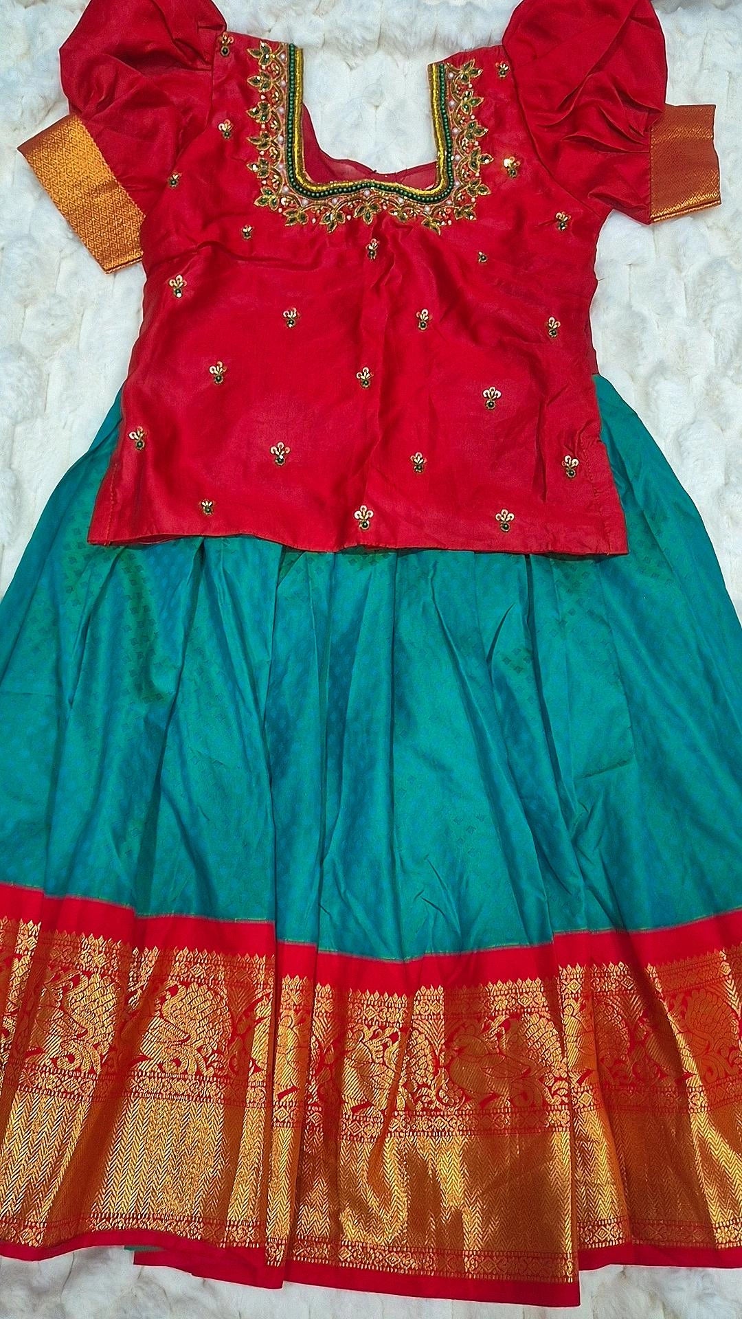 Kids Pattu Pavada Teal Red – with red embroidered blouse