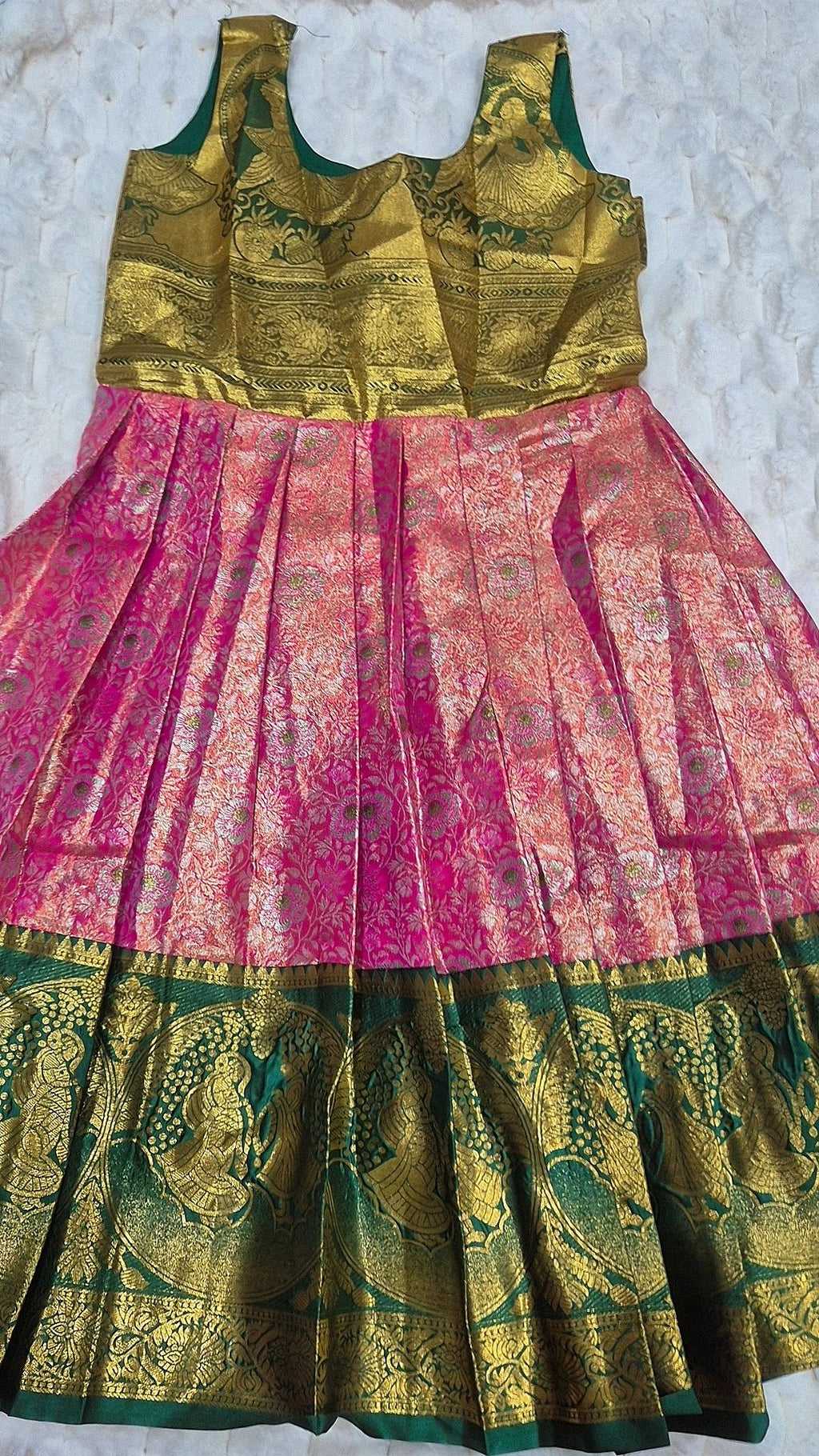 Kids Banarasi Lehenga Pink Dark Green – skirt with gold brocade blouse