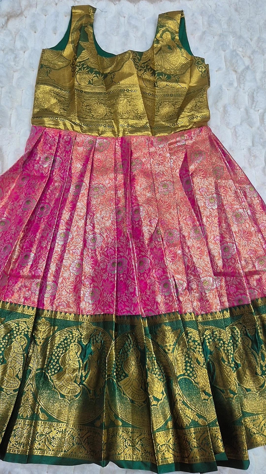 Kids Banarasi Lehenga Pink Dark Green – skirt with gold brocade blouse