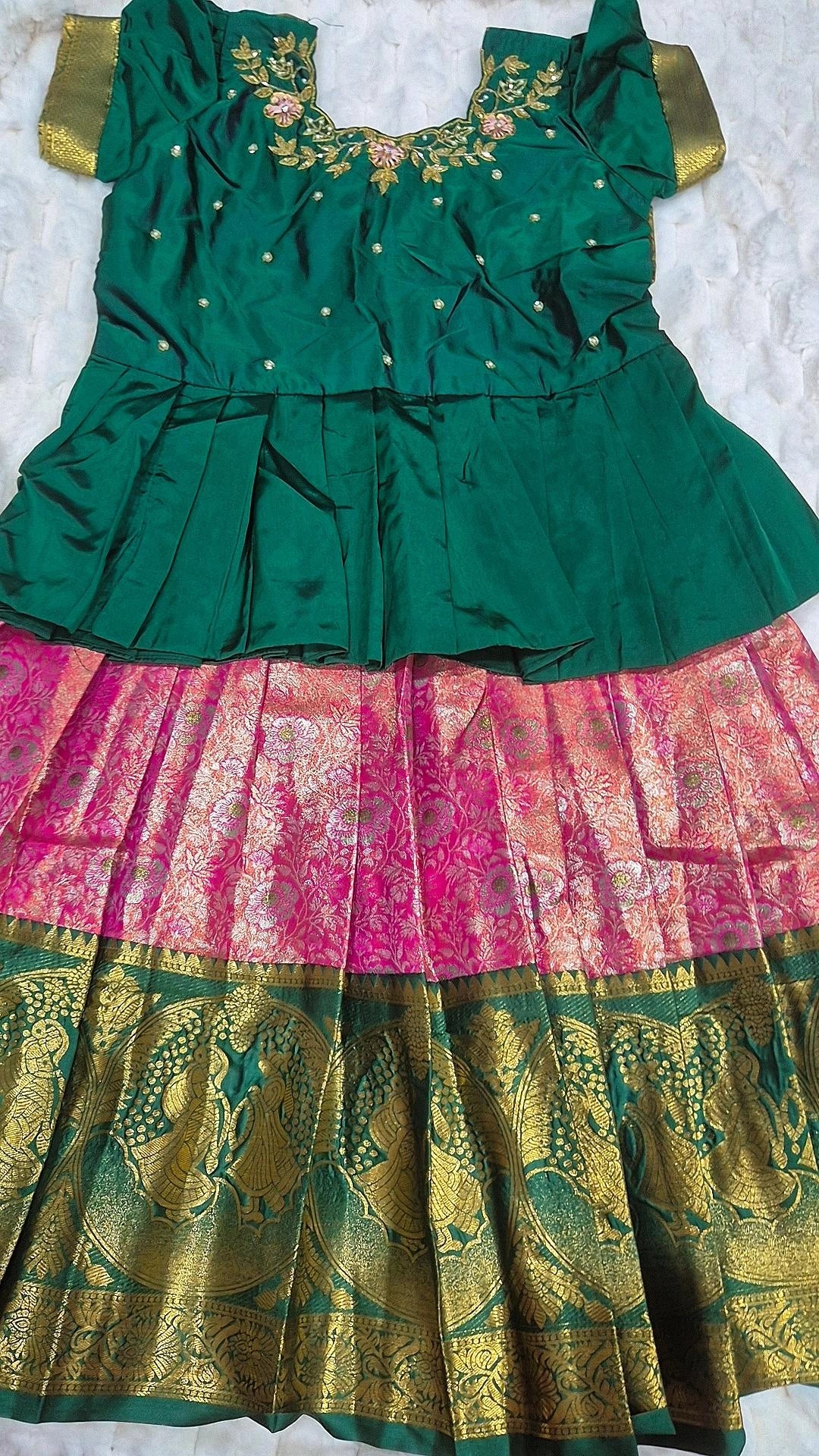 Kids Banarasi Lehenga Pink Dark Green – with dark green peplum blouse