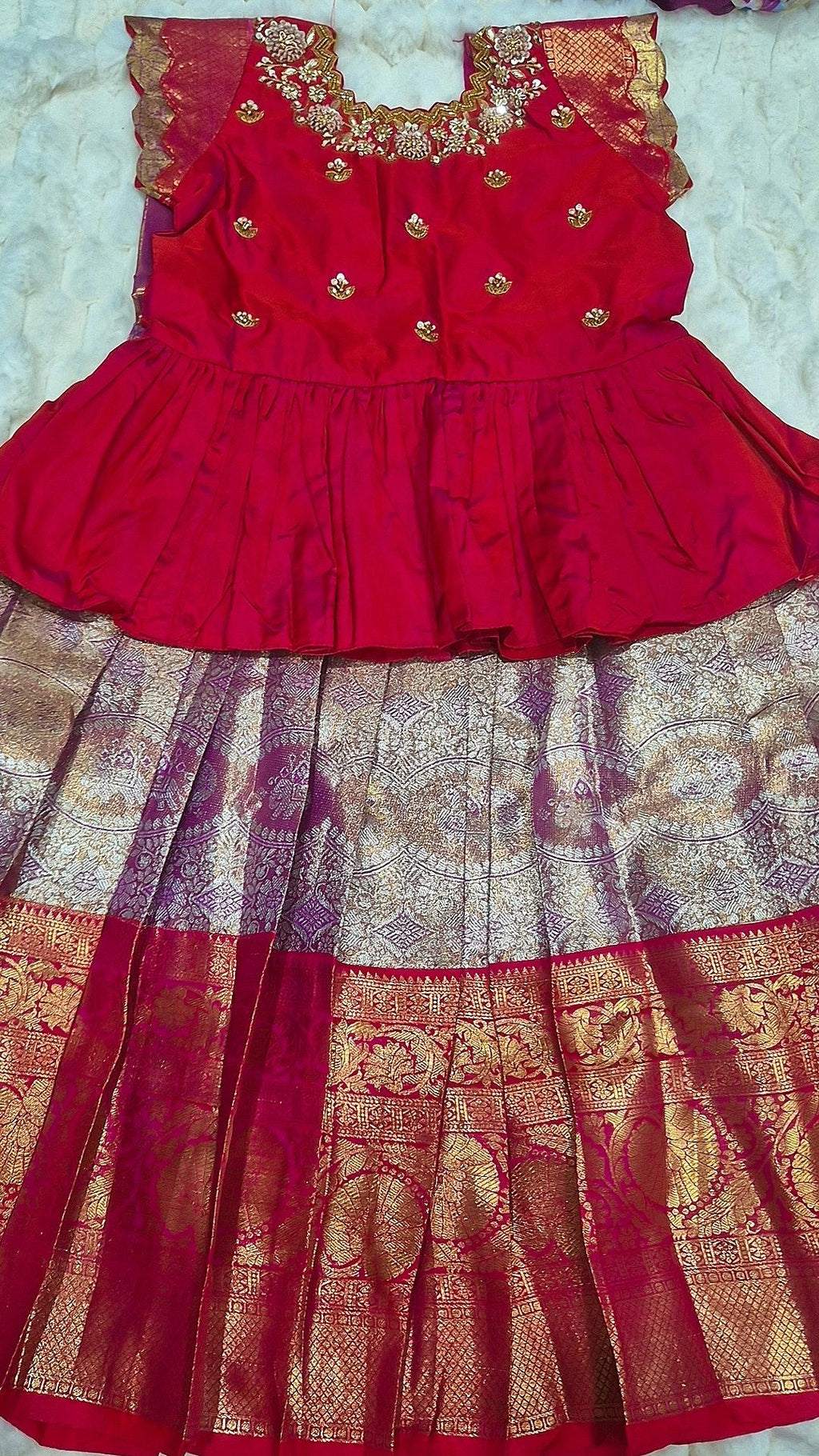Kids Banarasi Lehenga Purple Red – with red peplum blouse