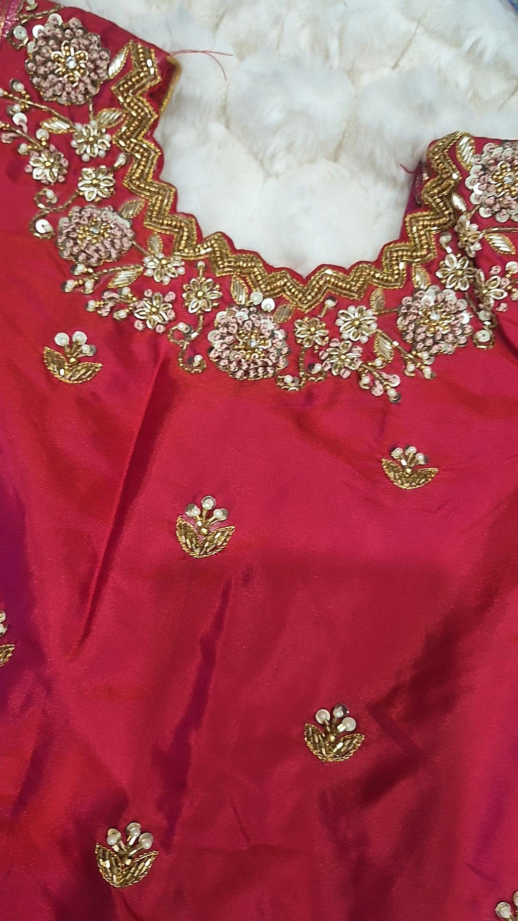 Kids Banarasi Lehenga Purple Red – red blouse neckline embroidery detail