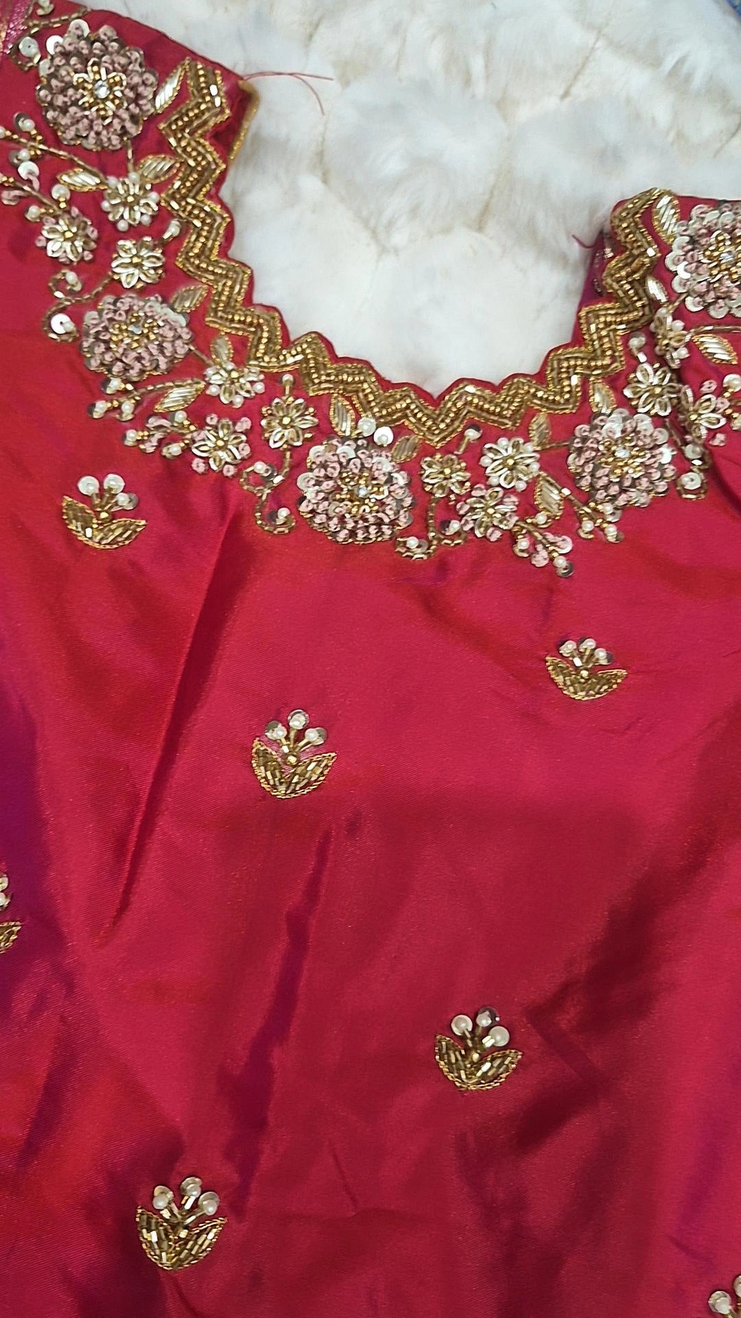 Kids Banarasi Lehenga Purple Red – red blouse neckline embroidery detail