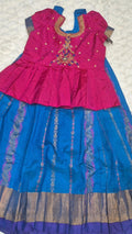 Kids Mangalagiri pattu pavada magenta silk skirt with royal blue gold zari border