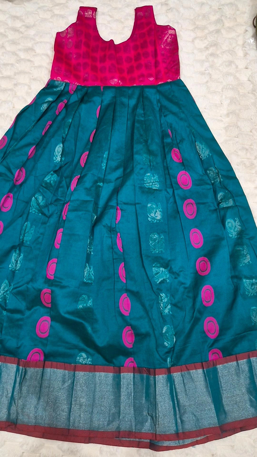 Kids Mangalagiri pattu pavada teal silk skirt with hot pink oval butti motifs and maroon silver zari border